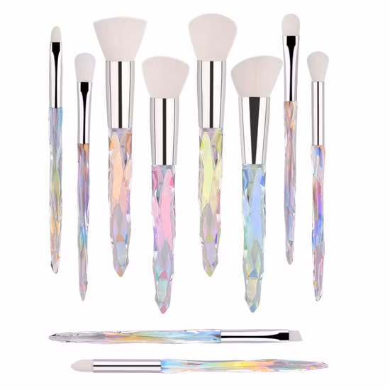 10PCS Clear Crystal ABS Plastics Handle White Synthetic Hair Makeup Brush Set