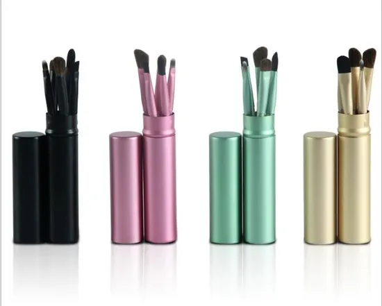 Cylinder Leather Cup Holder 5PCS Makeup Brush Set 