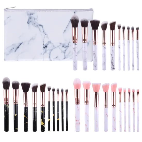 Private Label Cosmetics Brush Nylon Hair 10PCS Marble Handle Makeup Brush Set with Bag 