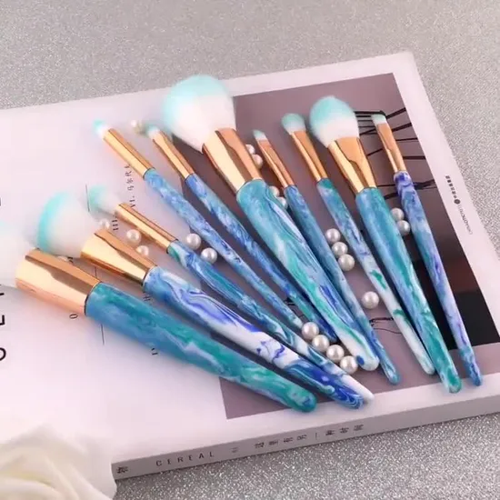 Customized Makeup Brush Set 10PCS Blue Angled Foundation Blush Brush Cosmetics Beauty Tools 
