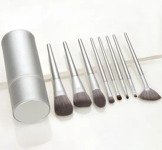 8PCS Light Silver Makeup Brush Brown White Synthetic Hair Luxury Custom Logo Makeup Brush Set Vegan 