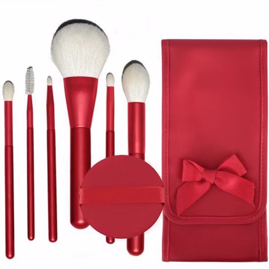 6PCS Natural Wool Hair Red Makeup Brush Set with Bag and Air Cushion Beauty Powder Blend Brush Eye Brush Tool 